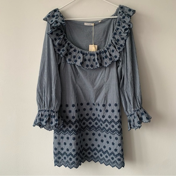 NWT Doen Franique Cotton Ruffle Eyelet Long Sleeve Dress Azure Paris Gingham - Picture 8 of 14